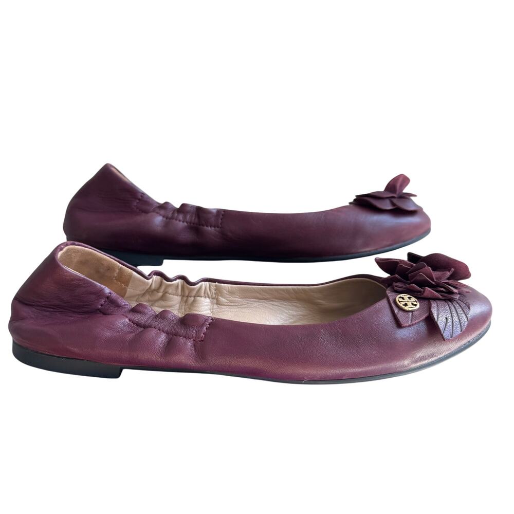 Tory Burch Blossom Flower Scrunch Ballet Flats Burgundy Leather Port Size 7 - Picture 2 of 12
